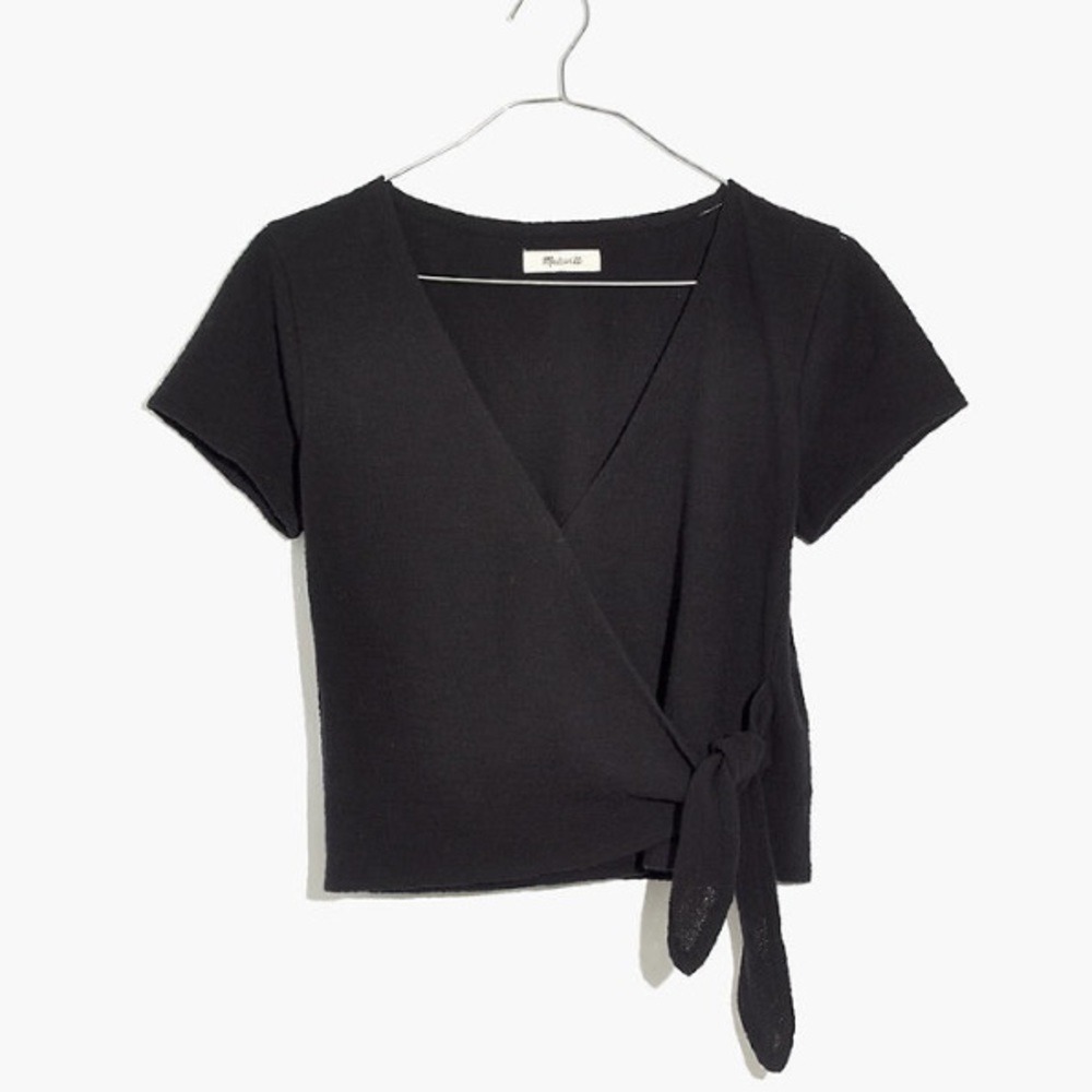 Madewell black cross front tie blouse top tshirt short sleeve xs - Picture 8 of 8